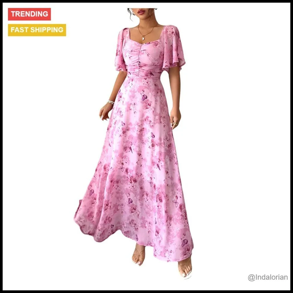 Butterfly Sleeve Boho Maxi Dress Sweetheart Neck A Line Casual Summer